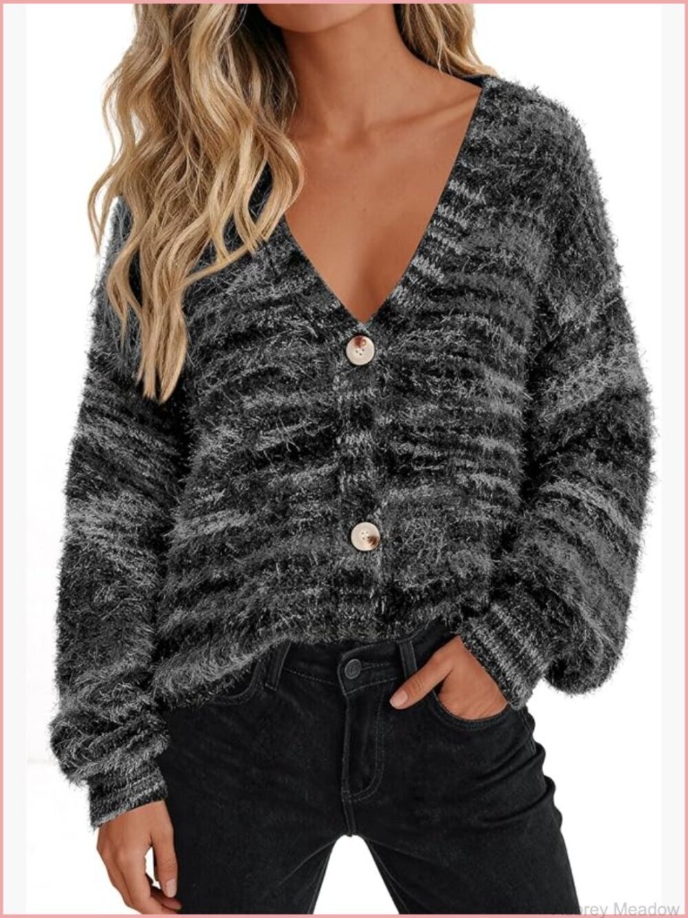 Striped V-Neck Button Front Cardigan Sweater Fuzzy Knit Long Sleeve